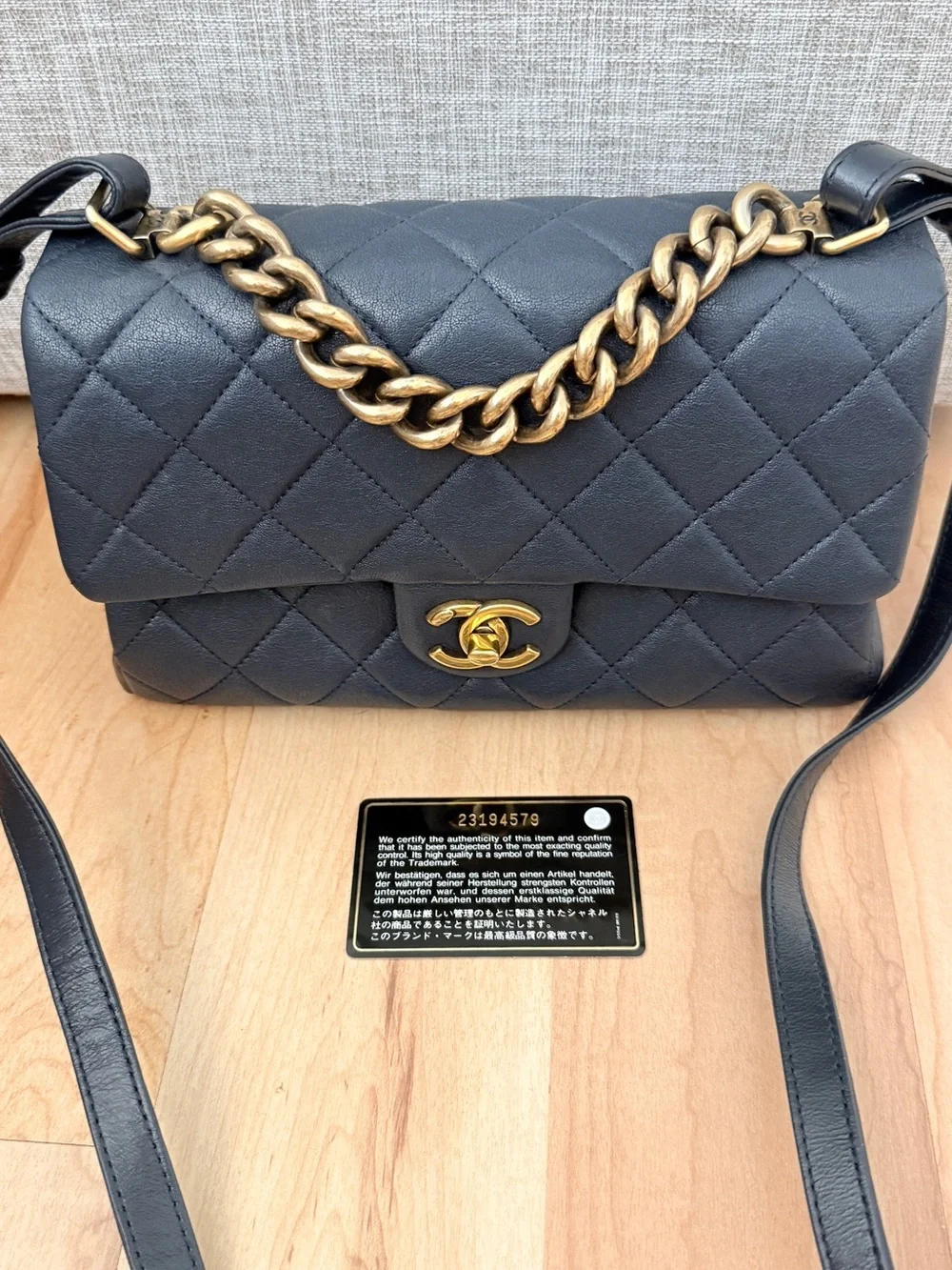 CHANEL Trapezio Flap bag, small, navy blue